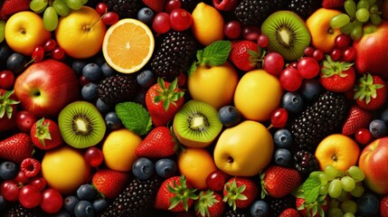 Healthy food background. Collection with color fruits, berries and vegetables - obrazy, fototapety, plakaty