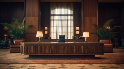Zoom out shot of cozy hospitality industry resort lounge check in front desk awaiting visitors. Empty warm hotel in luxury hotel lounge interior reception counter ready to welcome tourists - obrazy, fototapety, plakaty