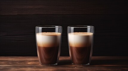 Cups of coffee drink, latte or mocha with milk foam. Glass mug, dark wooden background