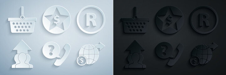 Set Telephone handset and speech bubble chat, Registered Trademark, Growth chart progress in people crowd, Earth globe with dollar, Star and Shopping basket icon. Vector