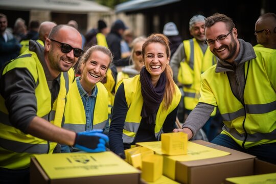 Smiling people in yellow vests around a cardboard box of stuff on a table. cardboard box with things given to volunteer needs