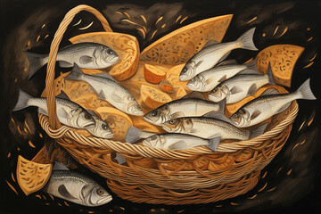 A drawing of a basket of fish and bread, connecting to the miracles of Jesus as signs of His divinity.