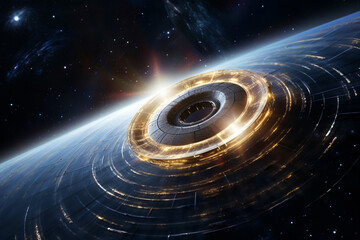 A spacecraft entering a wormhole, demonstrating a theoretical concept for faster interplanetary travel.