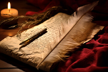An image of a scribe's quill and parchment, emphasizing the written record of the Christmas story in the Bible. - obrazy, fototapety, plakaty