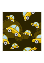 Editable Cartoon Style Yellow Classic Cars Vector Illustration Seamless Pattern With Dark Background for Vintage Transportation or Children Related Design