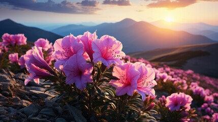 Fototapeta na wymiar Magic Pink Rhododendron Flowers Mountains Summer, HD, Background Wallpaper, Desktop Wallpaper