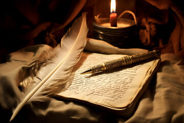 An image of a scribe's quill and parchment, emphasizing the written record of the Christmas story in the Bible. - 679728928