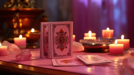 Fortune mystic teller putting occult tarot cards on table dark room. Magical pagan fate destiny reading ritual. Esoteric astrology prediction. Supernatural spiritual medium. Quartz stone and candles. - obrazy, fototapety, plakaty