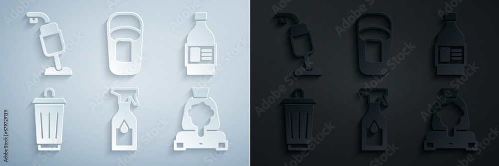 Wall mural set cleaning spray bottle, bottle for cleaning agent, trash can, lady service, bucket with rag and v