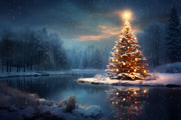 A picturesque winter landscape with a frozen pond, adorned with twinkling lights and a brightly lit Christmas tree, evoking the beauty of a winter wonderland.