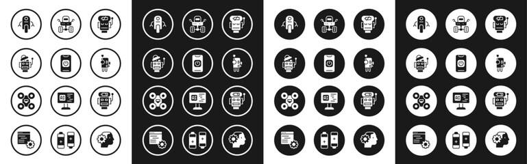 Set Robot low battery charge, Turn off robot from phone, Mars rover, and Drone icon. Vector