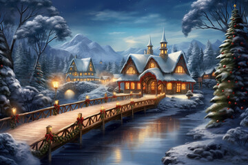 A snow-covered bridge adorned with festive wreaths and garlands, leading to a quaint village nestled in the winter landscape, portraying a picturesque Christmas scene. -