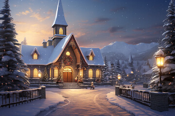 A snow-covered church with a warmly lit interior, depicting a peaceful and spiritual scene during the Christmas season. - obrazy, fototapety, plakaty