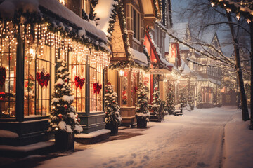Fototapeta na wymiar An image of a snow-covered street with storefronts adorned with Christmas decorations, capturing the festive atmosphere of holiday shopping.
