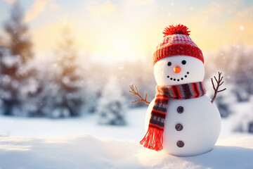 Obraz premium An image of a snowman wearing a Santa hat and scarf in a serene winter landscape, symbolizing the playful and festive spirit of Christmas.
