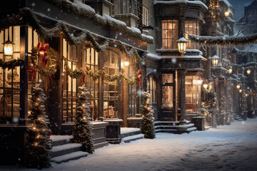 Fototapeta premium An image of a snow-covered street with storefronts adorned with Christmas decorations, capturing the festive atmosphere of holiday shopping.