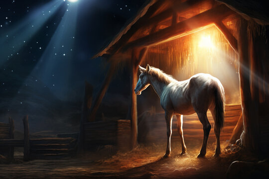 An illustration of the Bethlehem star shining brightly over a humble stable, symbolizing the birth of Jesus as foretold in the Bible.