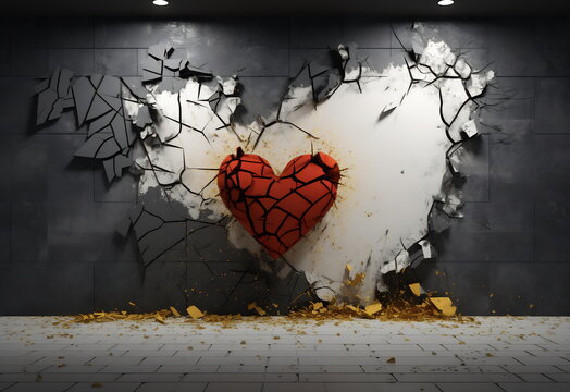 Image of a red heart on cracked plaster