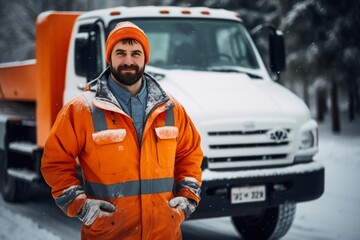 Man in orange jacket with hood standing near the truck in winter.