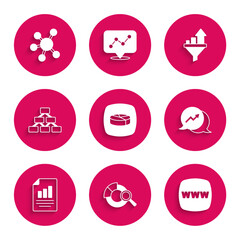 Set Pie chart infographic, Search data analysis, Website template, Financial growth, Document with, Hierarchy organogram, Sales funnel and Project team base icon. Vector