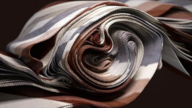 Abstract 3D wave of intertwined fabric textures in earthy tones. 3D animation.