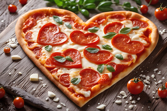 Pepperoni pizza in unhealthy food assortment on wooden dark table with heart shaped sausages, photo created using Playground AI platform