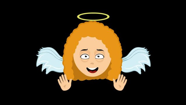 video animation face red hair woman angel cartoon with a cheerful expression, moving wings and waving hands. On a transparent background