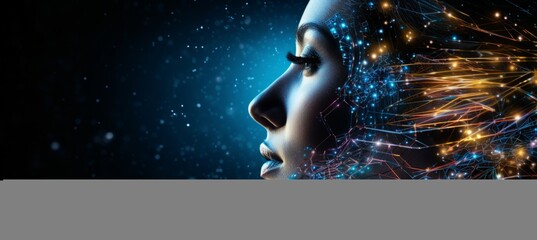 Female robot face on digital particles background with shining stars and copy space for text