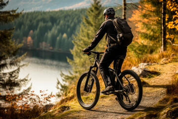 An e-bike rider exploring a scenic mountain trail - obrazy, fototapety, plakaty