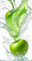 Green apple in water splash, make a healty juice, isolated white background, generative art, generative ai.