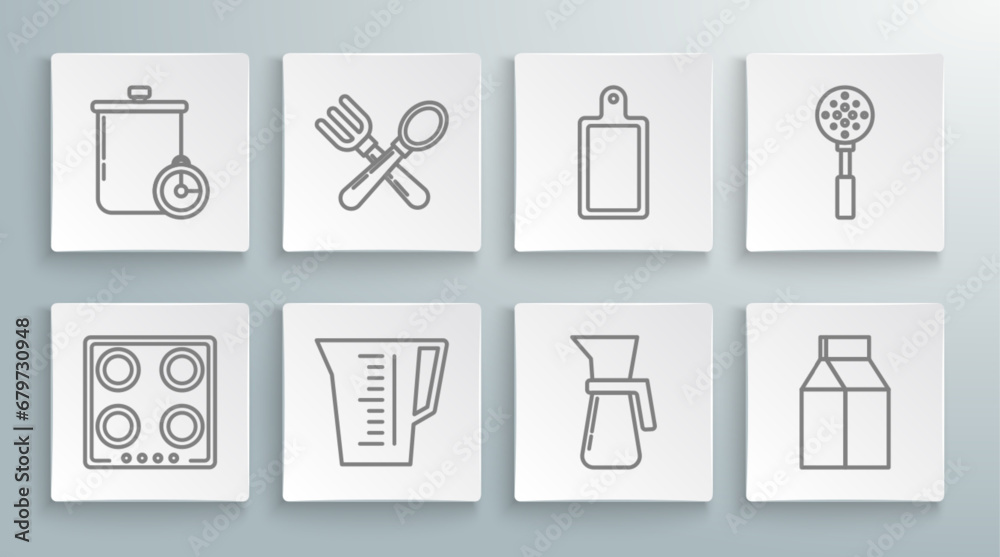 Sticker Set line Gas stove, Crossed fork and spoon, Measuring cup, Paper package milk, Cutting board, Spatula and Cooking pot kitchen timer icon. Vector