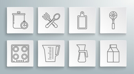 Set line Gas stove, Crossed fork and spoon, Measuring cup, Paper package milk, Cutting board, Spatula and Cooking pot kitchen timer icon. Vector