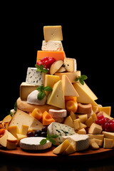 Various cheeses on a black background. Generative AI,