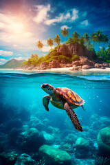 A turtle swims in the sea. Generative AI,