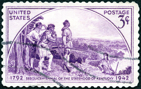 USA - 1942: shows Daniel Boone and Three Frontiersmen from mural by Gilbert White, Kentucky Statehood Issue, 1942