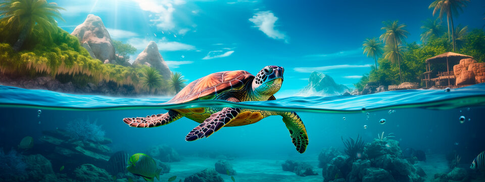 A turtle swims in the sea. Generative AI,
