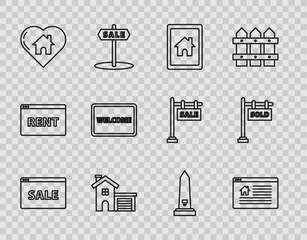 Set line Hanging sign with text Online Sale, Tablet and smart home, House, heart shape, Doormat the Welcome, Washington monument and Sold icon. Vector