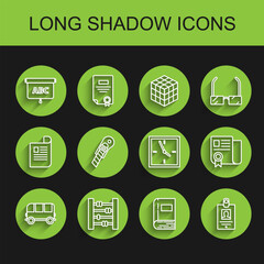 Set line School Bus, Abacus, Chalkboard, Book, Identification badge, Stationery knife, Certificate template and Clock icon. Vector