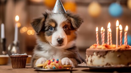 Cute happy dog celebrating at a birthday party, wearing a party hat with falling confetti