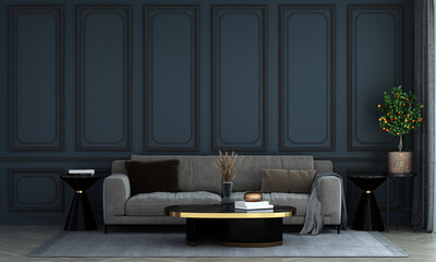 Modern interior of living room with grey sofa on empty blue pattern wall background. 3d rendering. 