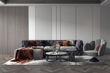 Modern minimal interior of living room with grey sofa on empty pattern wall background. 3d...