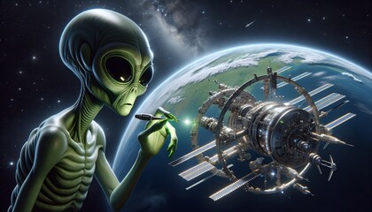 Fototapeta na wymiar A curious alien using a stylus pen near a high-tech space station with earth's horizon in the background