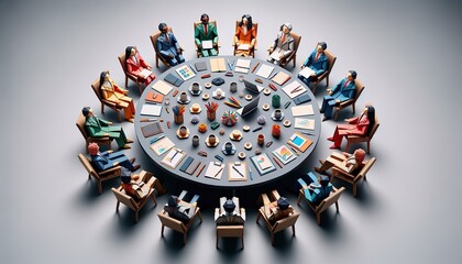 A diverse and vivid representation of a professional roundtable discussion, with participants engaged in conversation
