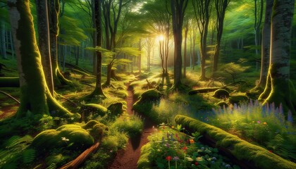 A breathtaking image of sunbeams piercing through a lush, green forest with vivid flora and a serene pathway