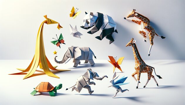 A vibrant collection of origami animals including a giraffe, elephant, and butterflies on a white surface