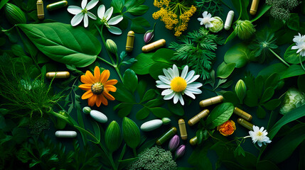 Supplements with leaves and herbs - alternative medicine. Generative AI,