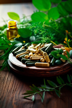 Supplements with leaves and herbs - alternative medicine. Generative AI,