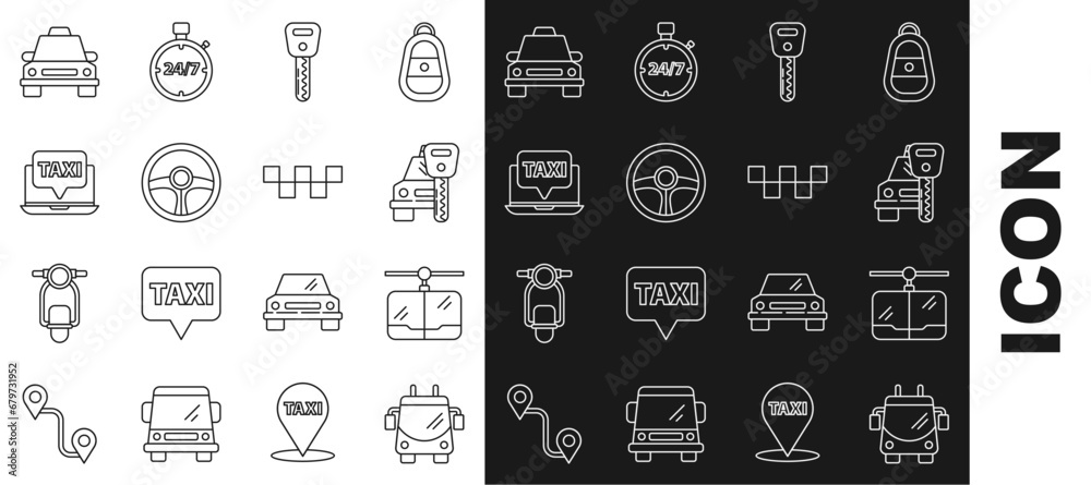 Wall mural Set line Trolleybus, Cable car, Car rental, key, Steering wheel, Laptop call taxi service, Taxi and roof icon. Vector