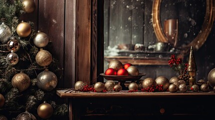  a wooden table topped with a bowl filled with red and gold ornaments next to a christmas tree covered in snow.