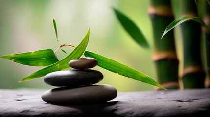 Stream stones and bamboo shoots feng shui spa. Generative AI,
